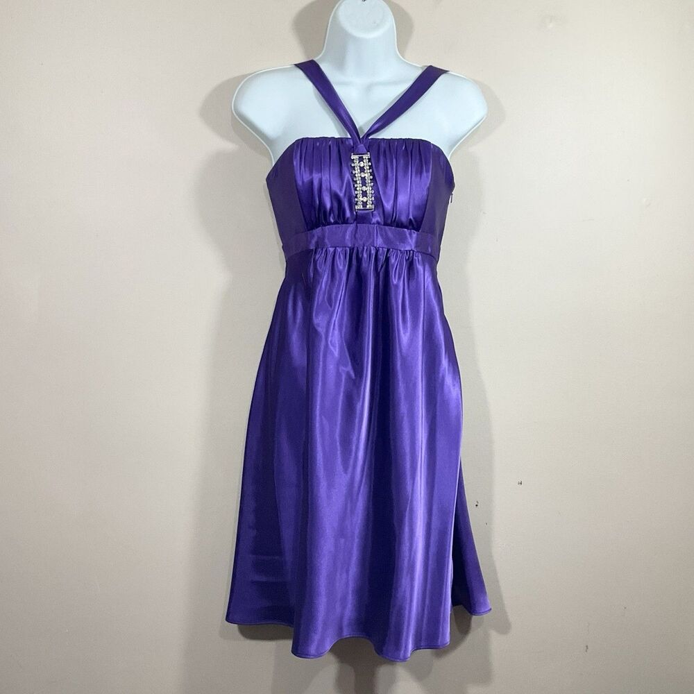 Vintage Jessica McClintock Halter Satin Mini Dress 6 Purple Y2K Hoco Glam Party